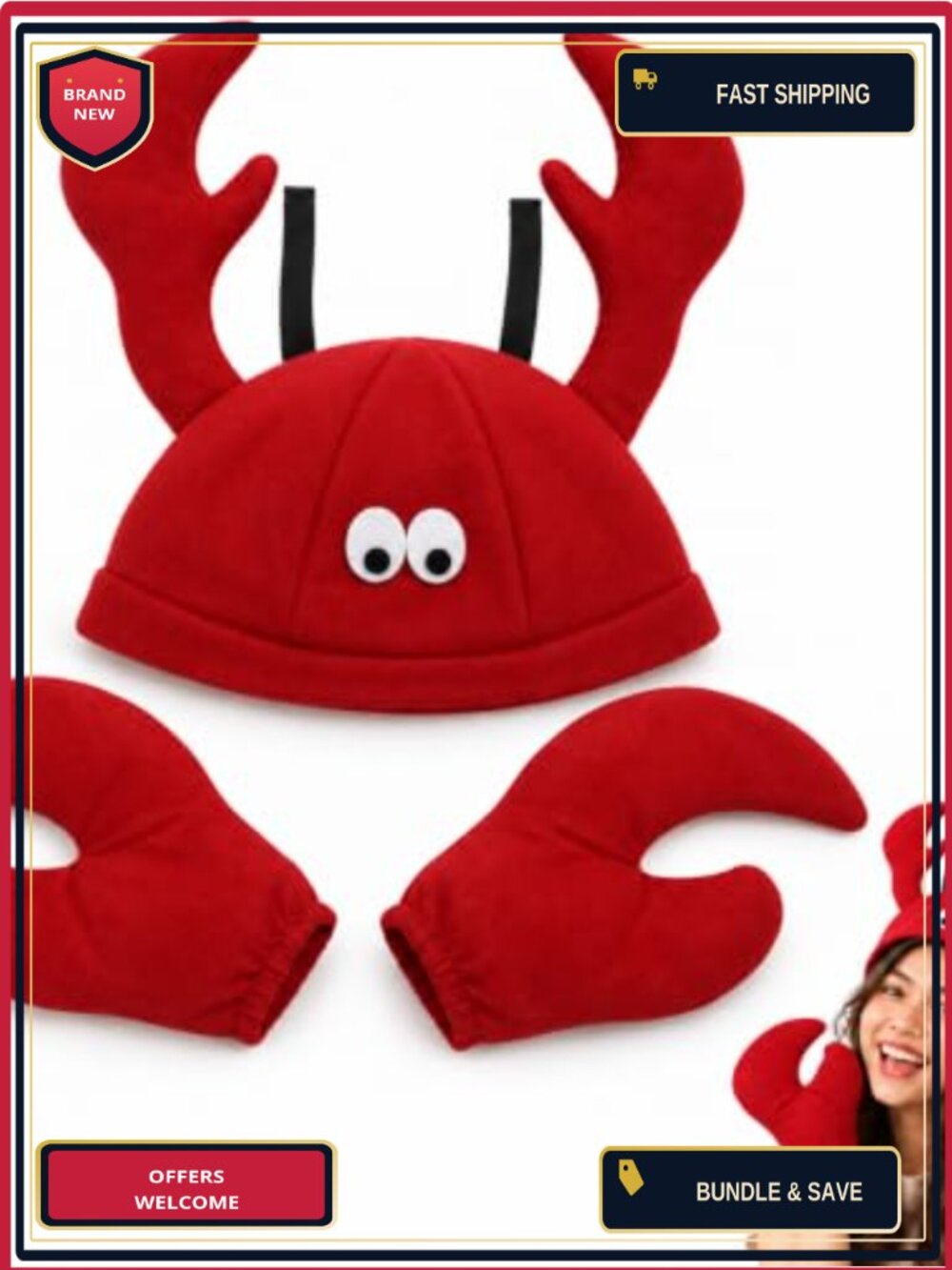 Lobster Costume Hat 3D Bendable Claws Soft Felt Adjustable Halloween